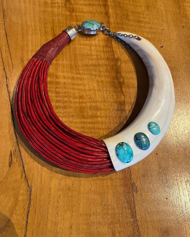 HORN, RED LEATHER, TURQUOISE NECKLACE
